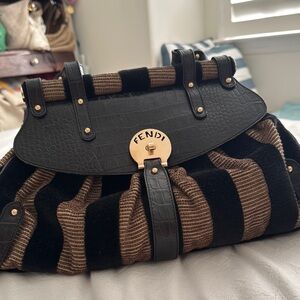 Fendi Black and Brown Striped Shoulder Bag